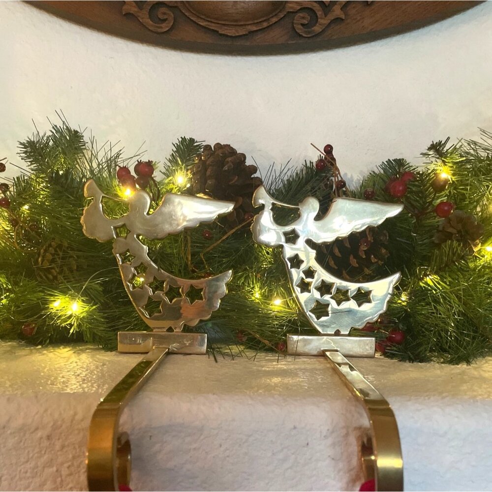 Vintage Heavy Brass Angel Stars Trumpet Long Arm Stocking Holder Set of 2